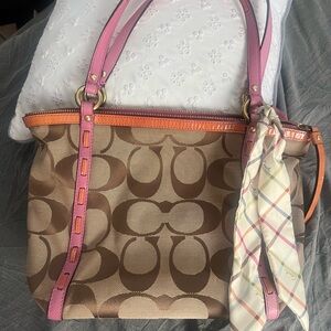 Coach Bleecker Khaki Sig C Laced Pink Leather Trim Bag w Tattersall C Scarf